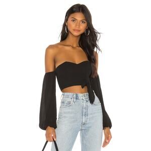 Superdown Maya Crop Top Off The Shoulder 3/4 Sleeve Tie Waist Smocked Black Sz M